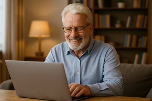 Hero image-senior smiling at his computer as he works from home