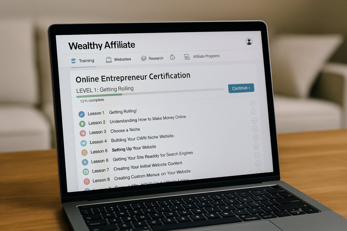 Wealthy Affiliate training dashboard showing lesson progress